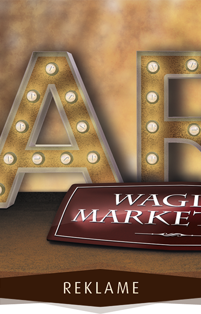 Leuchtbuchstaben und Blechschild auf Holzoberfläche mit Aufschrift Wagler Marketing und dem Wort 'Reklame' als Bildunterschrift